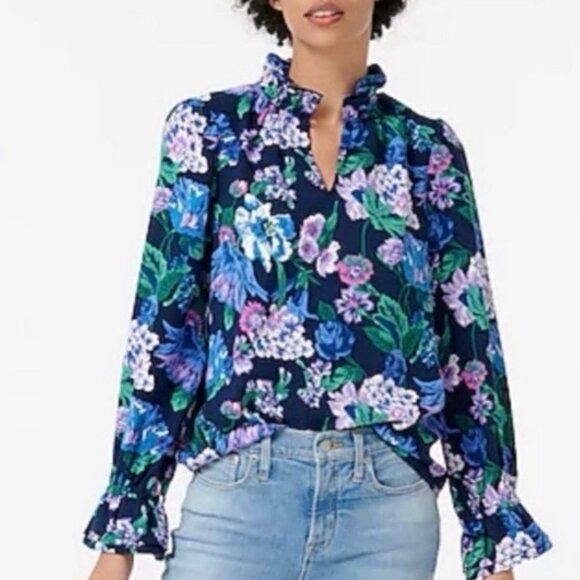 J.Crew Tops - J.Crew Ruffleneck Top in Floral 365 Crepe Size XS